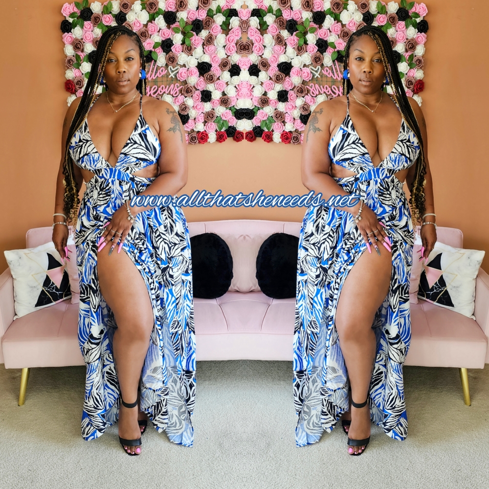 Blue and White Plunge Neck Backless Sundress